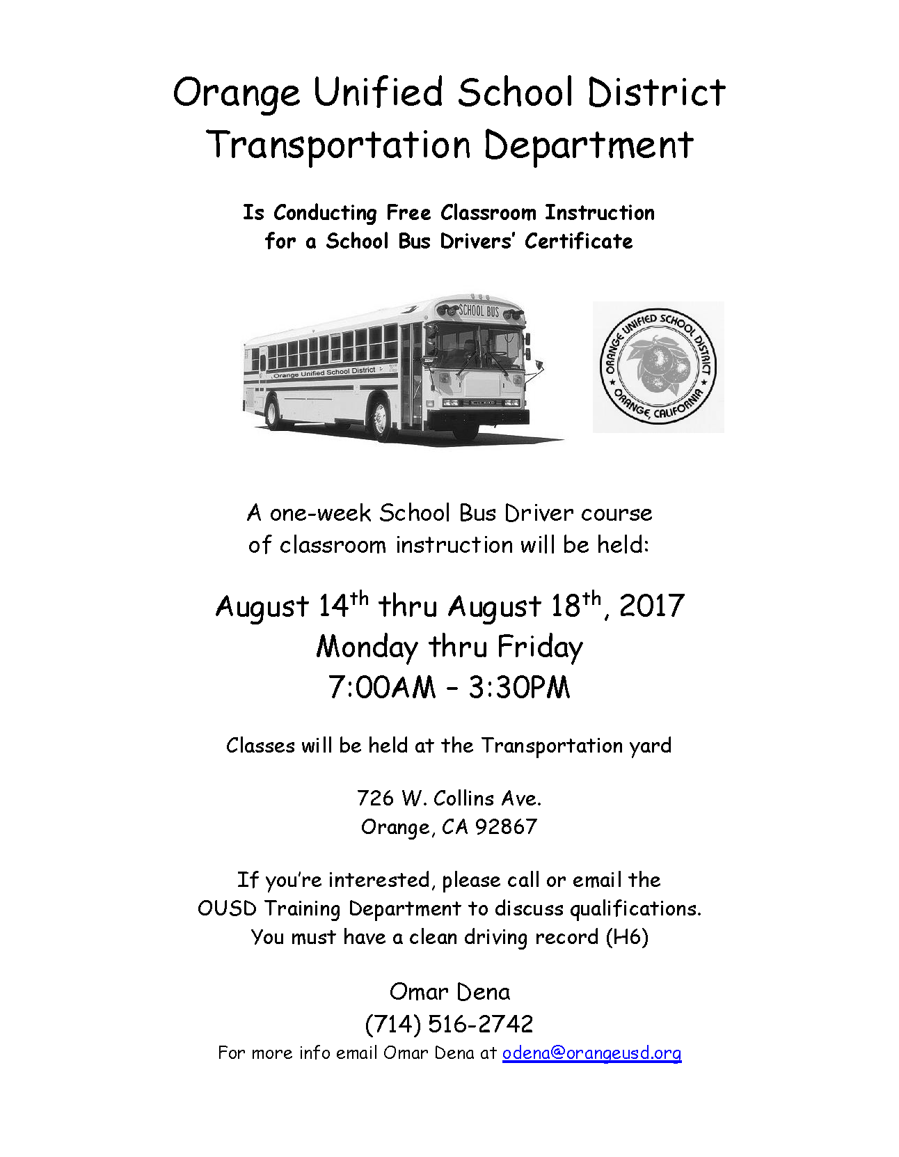 Transportation Department School Bus Driver's Certificate Training Opportunity